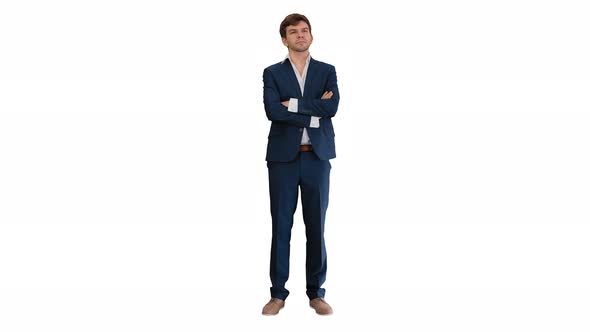 Confident Young Businessman Raising Finger and Folding Arms Looking at Camera on White Background.