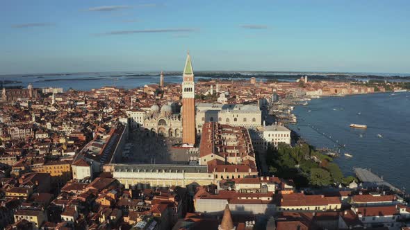 Top Down View of Moored Empty Venetian Gondolas in Venice Italy