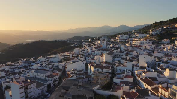 Aerial Drone View of Spain, Spanish Town in Mountains at Sunset, Costa Del Sol, Andalusia (Andalucia