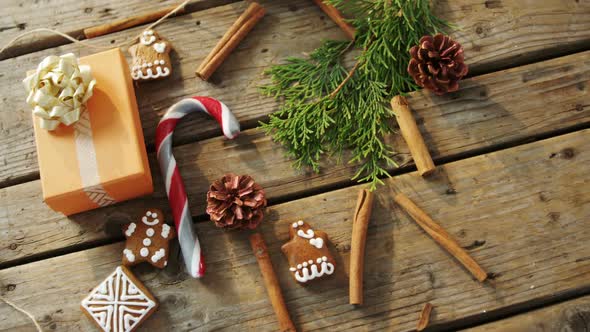 Christmas cookies and various decorations on wooden table 4k