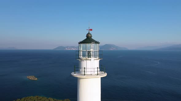 Close up round shot of top of lighthouse of Lefkada cape.