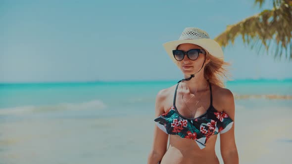 Tanned Woman Relaxing On Maldives. Girl In Bikini Walking On Tropical Hawaii Beach.