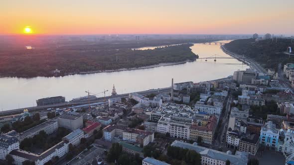 Historical District of Kyiv - Podil in the Morning at Dawn. Ukraine. Aerial View