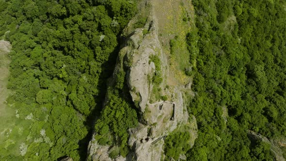 The ridge of a green, forested hill and the Azeula Fortress on top of it.