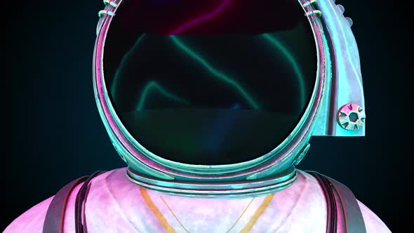 An Astronaut in a Metal Protective Suit in the Light of Neon Lights