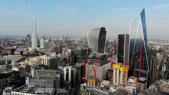 Aerial view of the tallest buildings in London in the morning sun