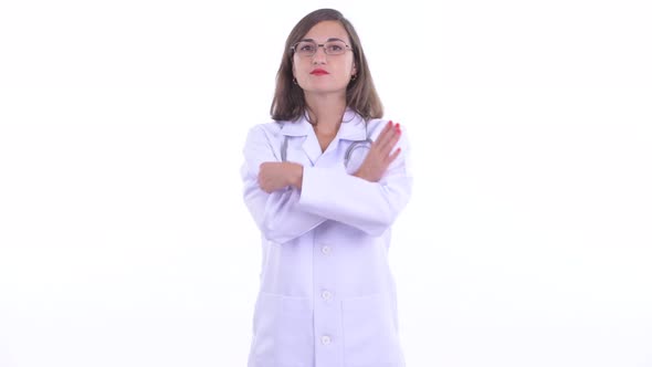 Happy Beautiful Woman Doctor with Eyeglasses Smiling with Arms Crossed