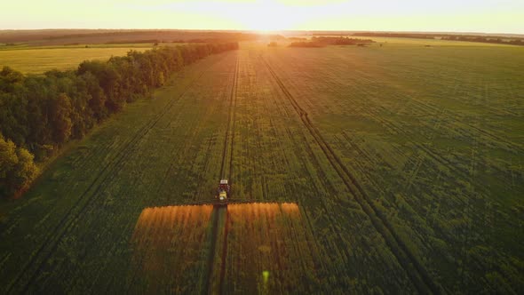 Aerial View of Farming Tractor Spraying on Field with Sprayer Herbicides and Pesticides at Sunset