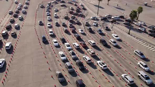 Aerial shot of cars at a testing site to receive the Coronavirus vaccine