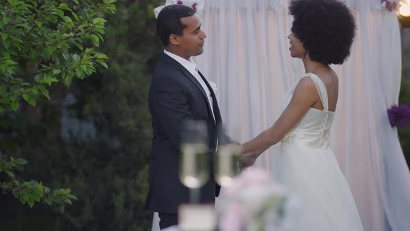 Side View of Happy Newlyweds Holding Hands Talking and Smiling Standing at Wedding Altar