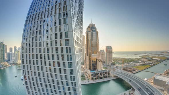 JBR and Dubai Marina During Sunset Aerial Timelapse