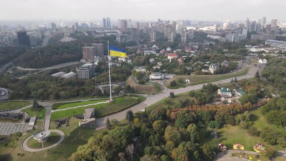 Kyiv, Ukraine Aerial View in Autumn : Ukrainian Flag. Kiev