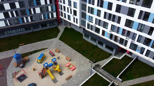 Aerial drone view of a flying over the modern residential building.