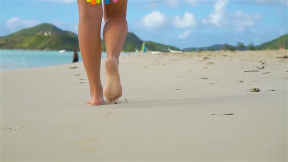 Close Up Female Feet Walking Barefoot on Sea Shore