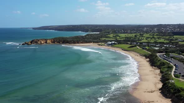 AERIAL Over Torquay Beach With Rocky Point Lookout And Jan Juc