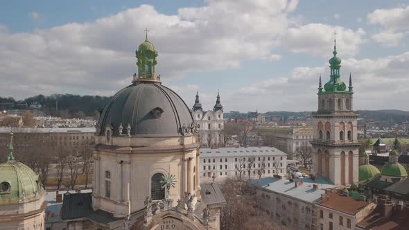 Aerial City Lviv, Ukraine. European City. Popular Areas of the City. Dominican