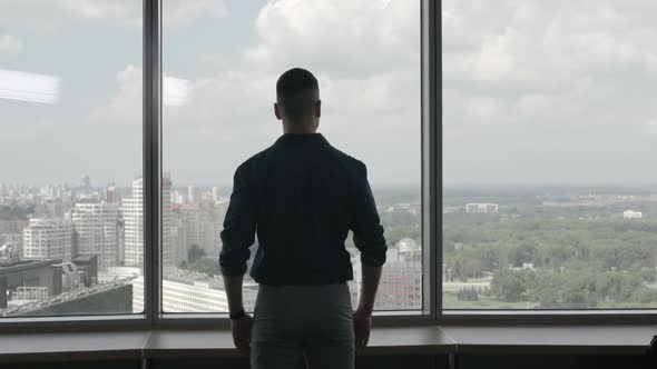 Back View of Young Businessman Standing in a Modern Office Near Panoramic Window