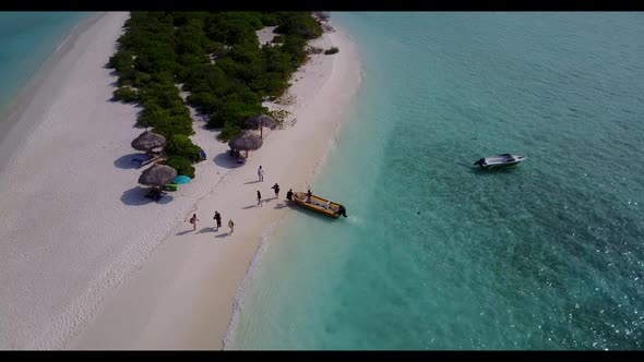 Aerial flying over tourism of luxury shore beach vacation by blue sea and clean sand background of a