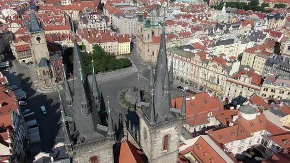 Aerial view of The Church of Our Lady before Tyn in Prague, Czech Republic