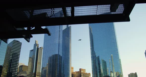 Skyscrapers seen from under a bridge