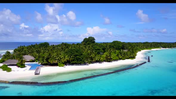 Aerial top down texture of exotic coast beach time by aqua blue lagoon and white sandy background of