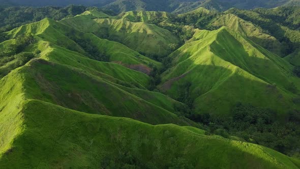 Flight over Green Grassy Hills