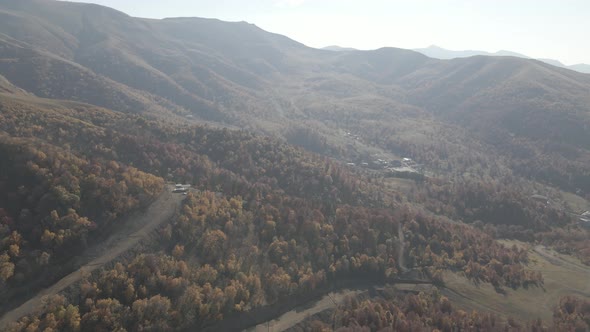 Flying over beautiful mountains in Bakuriani. Aerial view of Autumnal forest. Georgia