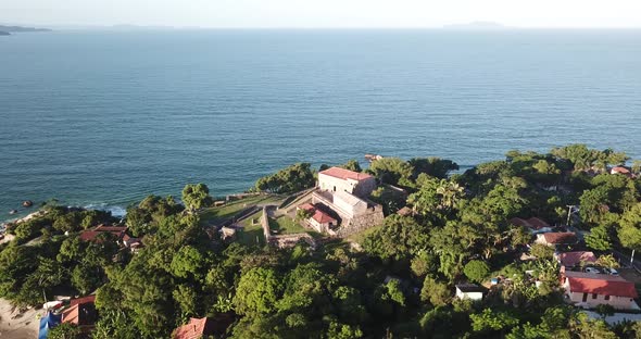 Drone footage of the São José da Ponta Grossa Fort in Florianópolis, Brazil.