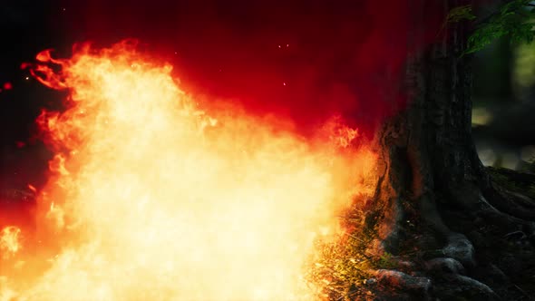 Wind Blowing on a Flaming Trees During a Forest Fire alt