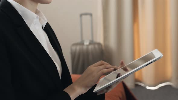 Business Technology Internet and Hotel Concept Happy Young Businesswoman with Tablet Pc Computer