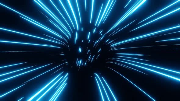 Warp speed. Neon glowing rays in motion into digital technologic tunnel