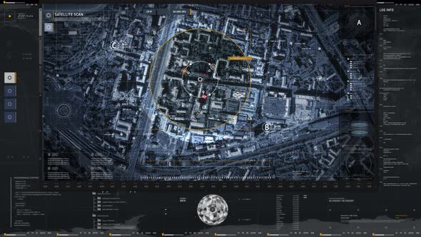 Spy Digital Satellite Tracking System Scans Target Position Data On A City Map alt
