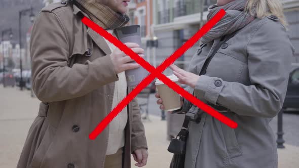 Red Lines Crossing Two Adult Women Talking Outdoors Less Than 6.5 Feet From Each Other. Global