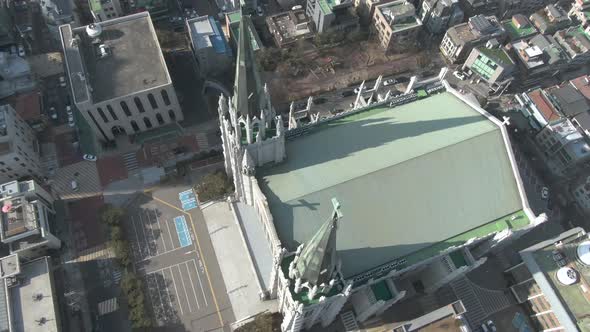 Top view of catholic church in asian city