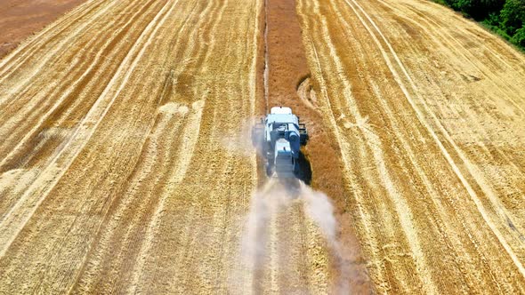 Harvesters working on seed field, aerial view