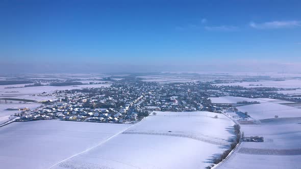 Zistersdorf Town And Snowy Fields At Wintertime From Above In Lower Austria. - aerial