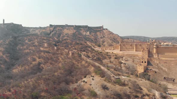 Wide panoramic over the barren hills surrounding the Amber Fort in Jaipur, Rajasthan, India