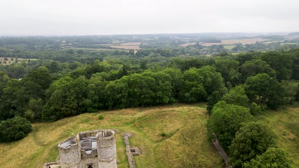 Donnington Castle and surrounding landscape. Berkshire county, UK. Aerial descendent