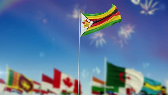 Zimbabwe Flag With World Globe Flags And Fireworks