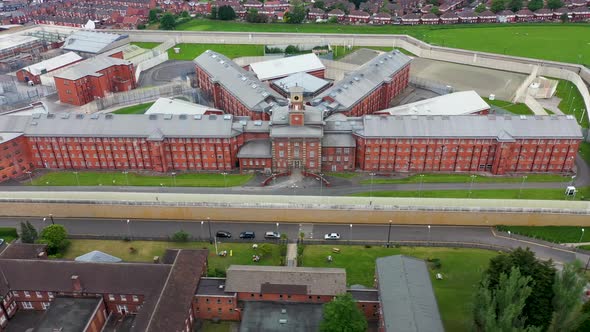 Aerial drone footage of the town centre of Wakefield in West Yorkshire in the UK