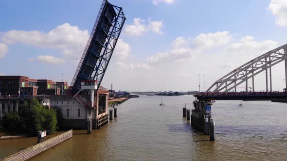 Opened Drawbridge Over Noord Canal River At Alblasserdam Near Hendrik ido ambacht In South Holland,