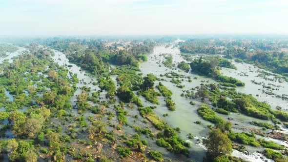 Aerial: flying over Don Det and the 4000 islands Mekong River in Laos