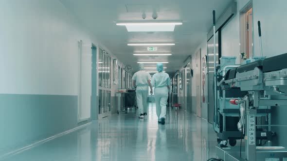 Hospital Corridor with Medical Staff Walking Along It