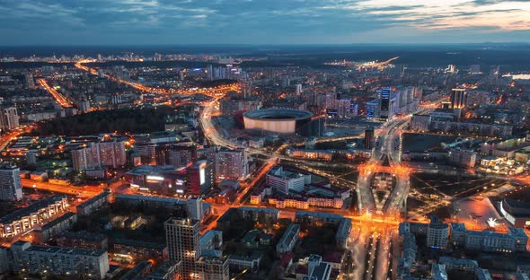 City Yekaterinburg at Evening From Above Hyperlapse Drone View Car Traffic Flow