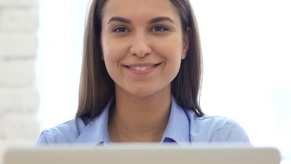 Smiling Happy Woman at Work, Laptop
