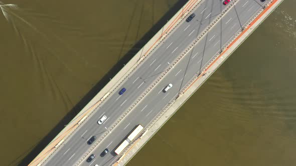 Aerial bridge landscape. Aerial road bridge. Highway road above river