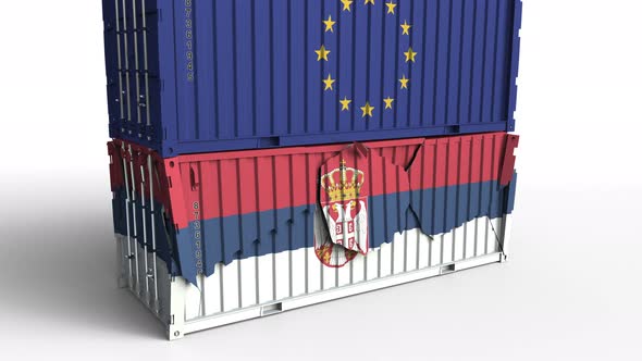 Container with Flag of the EU Breaks Container with Flag of Serbia