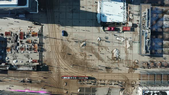 Aerial view of the city square located in the center of Katowice - Day to night transition. Silesia,