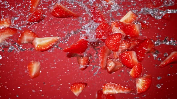 Super Slow Motion Shot of Fresh Strawberries and Water Side Collision on Red Background at 1000Fps