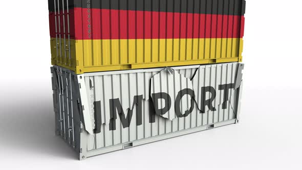 Container with Flag of Germany Breaks Container with IMPORT Text alt